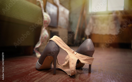 Female sexy underwear thrown on the floor with a high heeled shoes on a village floor near the bed. Quick sex concept. Village interior.