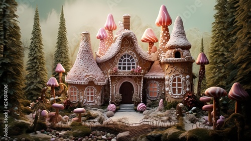 cute fairytale ginger bread cottage in woods, Generative Ai © QuietWord