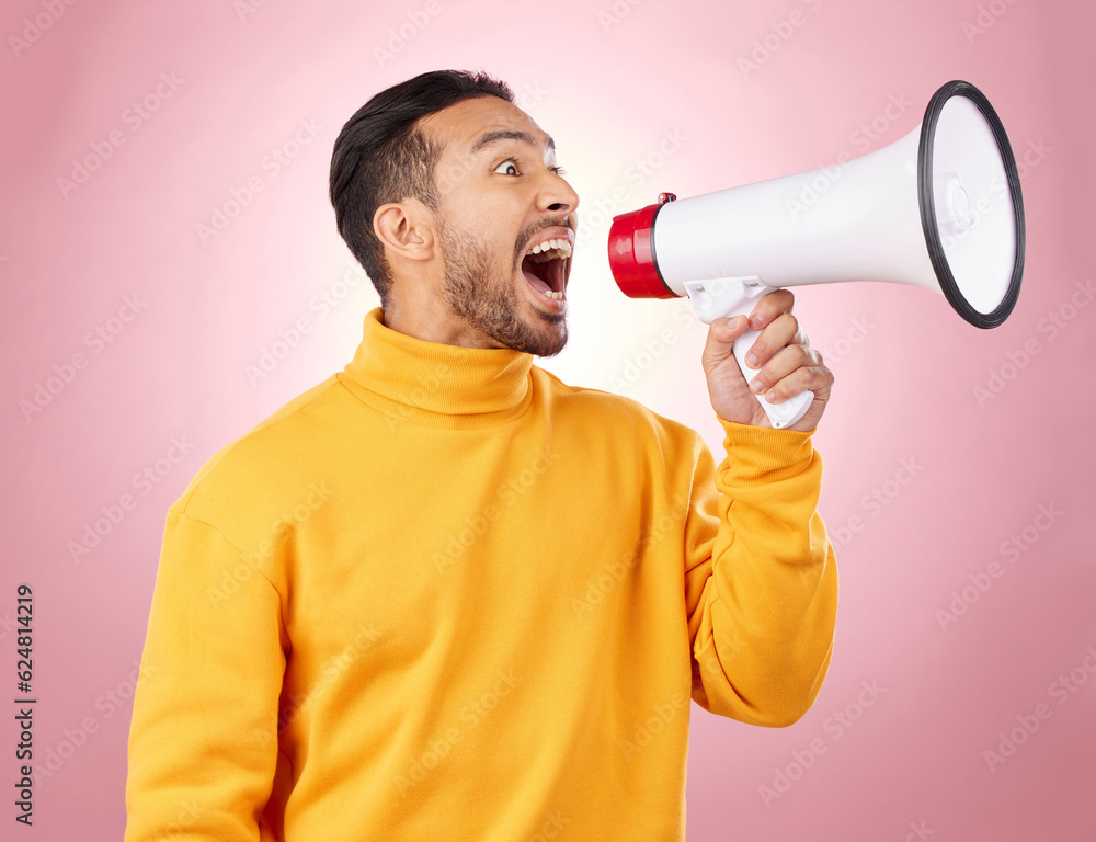 Man, megaphone and voice for news, broadcast or student sale with wow announcement on studio pink background. Young person or gen z noise with call to action, university attention or college speaker Man, megaphone and voice for news, broadcast or student sale with wow announcement on studio pink background. Young person or gen z noise with call to action, university attention or college speaker