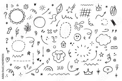 Hand drawn simple elements set. Sketch underlines, icons, emphasis, speech bubbles, arrows and shapes. Vector illustration isolated on white background.