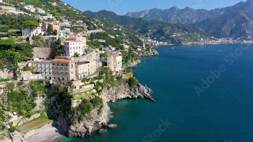 Aerial view of Atrani famous coastal village located on Amalfi Coast, Italy. Small town Atrani on Amalfi Coast in province of Salerno, Campania region, Italy. Atrani town on Amalfi coast, Italy.