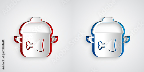 Paper cut Cooking pot and chicken leg icon isolated on grey background. Chicken drumstick. Paper art style. Vector
