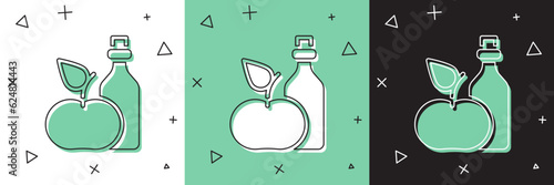 Set Apple cider vinegar in bottle icon isolated on white and green, black background. Vector