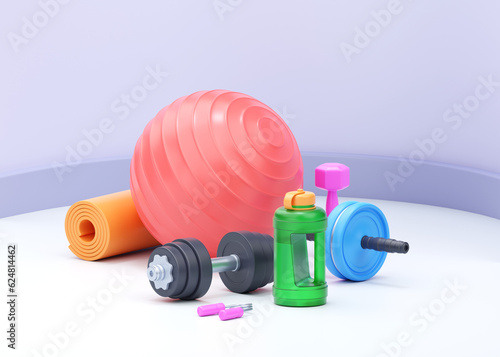 Fitness 3d render illustration - strenght dumbbell, realistic water bottle and fit ball with kettlebell