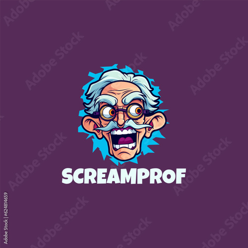 funny professor wearing glasses screaming with messy hair logo design template vector icon illustration