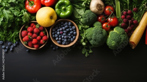 Top view vegetables and fruits for healthy food concept isolated on Black background.with a copy space. Generative Ai