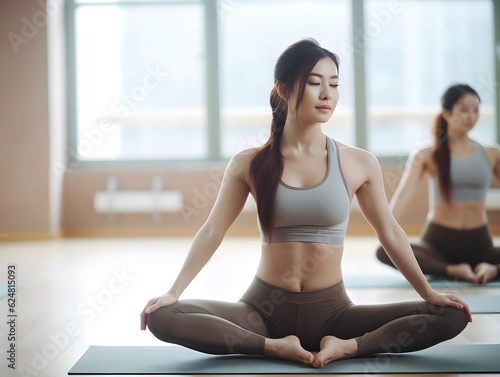 Group of beautiful asian women stretching yoga relax in yoga class, generative ai