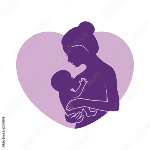 Woman breastfeeding newborn baby purple silhouette icon vector. Nursing woman with baby graphic design element isolated on a white background. Mother holding her little child symbol vector