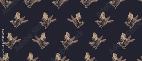 Simple Seamless pattern. Gold Birdson on black background. Vector illustration. Vintage