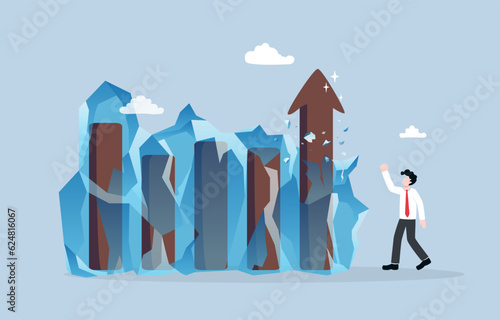 Economic recovery after recession, return of market and investment with positive trend, business growth after stagnation concept, Cheerful businessman with bar graph breaking through ice. 