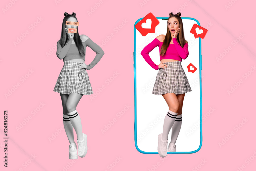 Creative template collage of weird bizarre lady blogger edit her picture post charming photos on instagram facebook profile Creative template collage of weird bizarre lady blogger edit her picture post charming photos on instagram facebook profile