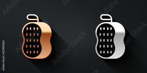 Gold and silver Washcloth icon isolated on black background. Bath house sauna washcloth sign. Item for pleasure and relaxing. Long shadow style. Vector