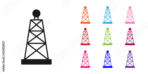 Black Oil rig icon isolated on white background. Gas tower. Industrial object. Set icons colorful. Vector