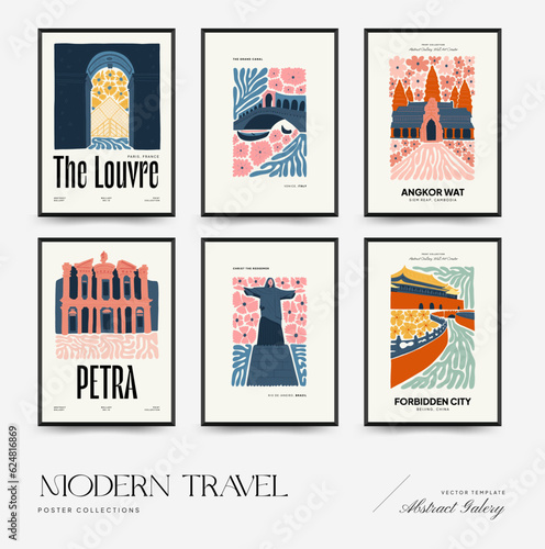 Abstract travel and floral posters template. Modern trendy Matisse minimal style. Floral poster, landmark. Hand drawn design for wallpaper, wall decor, print, postcard, cover, template, banner. 