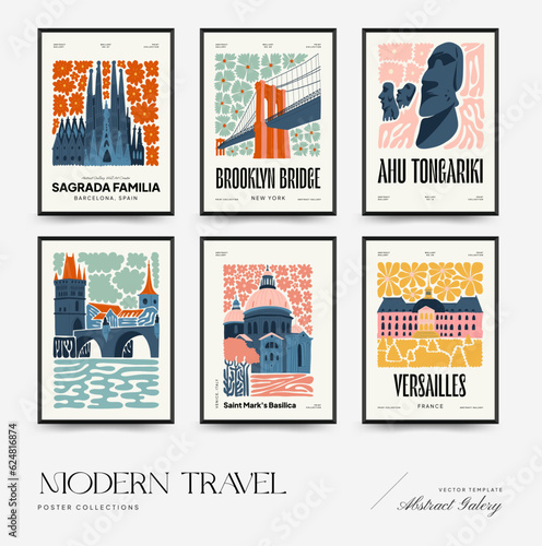 Abstract travel and floral posters template. Modern trendy Matisse minimal style. Floral poster, landmark. Hand drawn design for wallpaper, wall decor, print, postcard, cover, template, banner. 