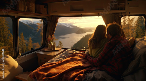 Lovers couple enjoy the sunset in the camper van.