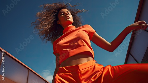 Black woman fashion model in dynamic posing, wearing vibrant orange  sport clothing.