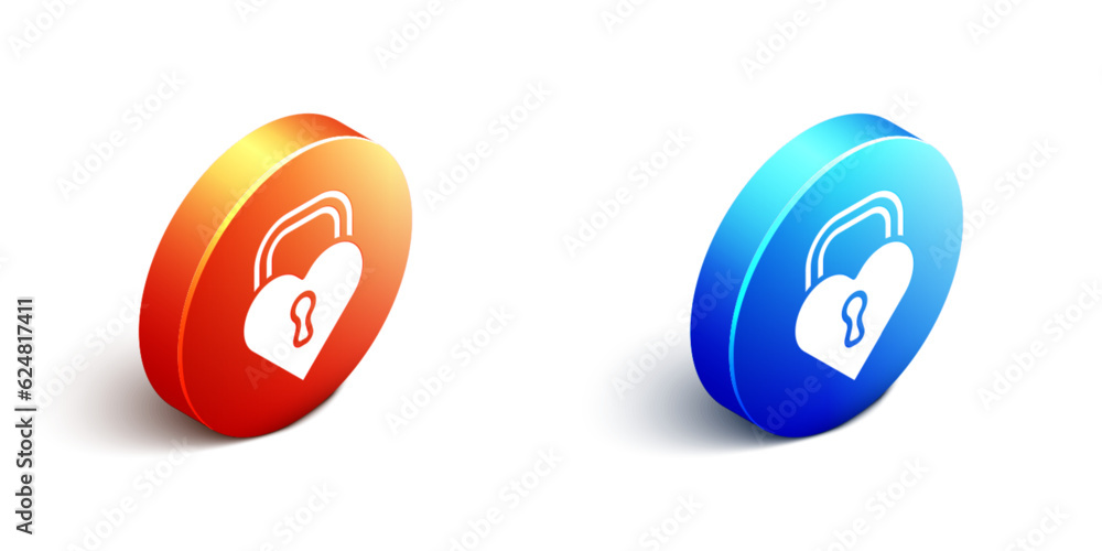 Obraz premium Isometric Castle in the shape of a heart icon isolated on white background. Locked Heart. Love symbol and keyhole sign. Happy Valentines day. Orange and blue circle button. Vector