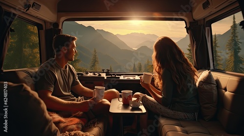 Young copuple of lovers enjoying the views in a camper van.