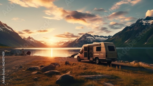 landscape wit a camper van at sunset.