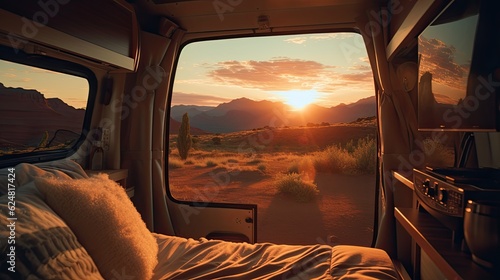 Exterior beautiful views from a camper van interior. © MiguelAngel