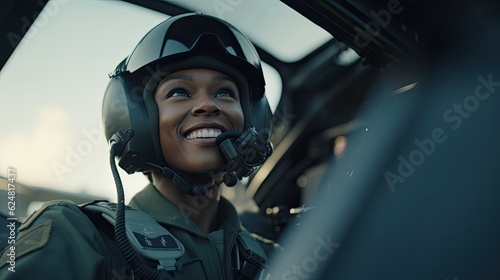 Cheerful black woman piloting a fighter. © MiguelAngel