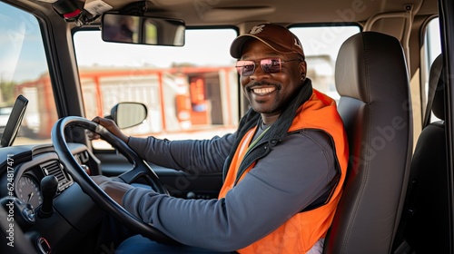 Portrait, black young man is a professional driver in a truck. © MiguelAngel