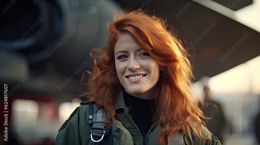 Red hair young woman posing next to a fighter plane. Red hair young woman posing next to a fighter plane.