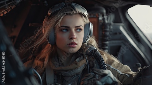 Young blonde hair woman as a pilot inside a fighter.