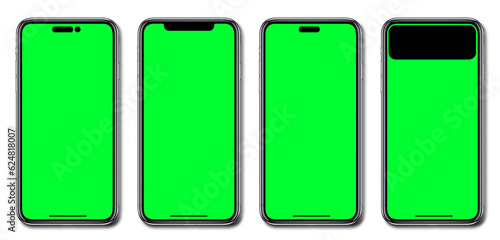 Smartphone green screen iphone 14 with blank white screen for Infographic Global Business Marketing Plan, mockup model similar to iPhone 15 isolated Background of ai digital investment economy.