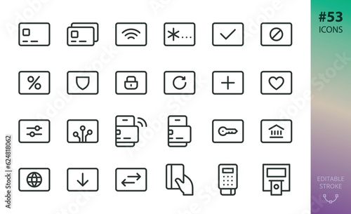 Bank cards icons set. Set of contactless card, digital debit card, pin code, ATM, pos payment terminal, NFC contactless mobile payment, withdraw money, reissue, money transfer isolated vector icon