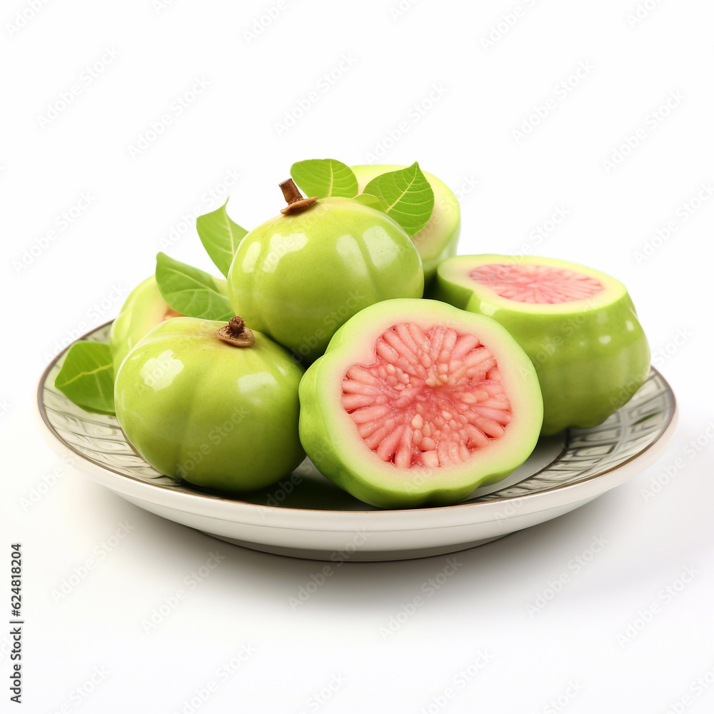 Juicy delicious guava lies on beautiful plate, Ai generated