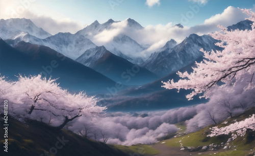 Cherry Blossom with mountain background, Generative AI Illustration. © Creative_Bringer