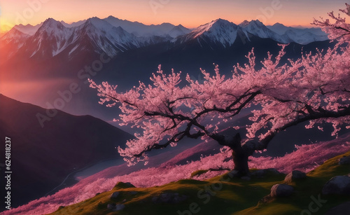 Cherry Blossom with mountain background, Generative AI Illustration.