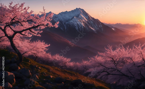 Cherry Blossom with mountain background, Generative AI Illustration.