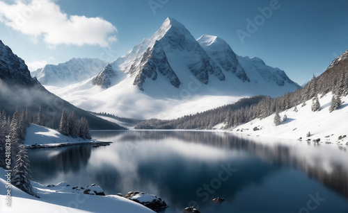 Lake and snowy mountain background, Generative AI Illustration.