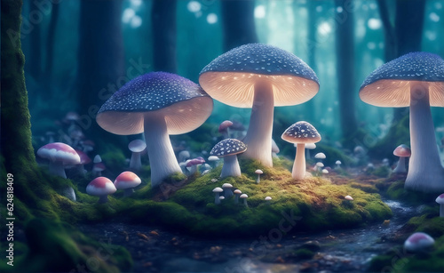 A magical forest with mushrooms, Generative AI Illustration.