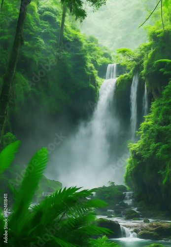 Beautiful forest with waterfall, Generative AI Illustration.