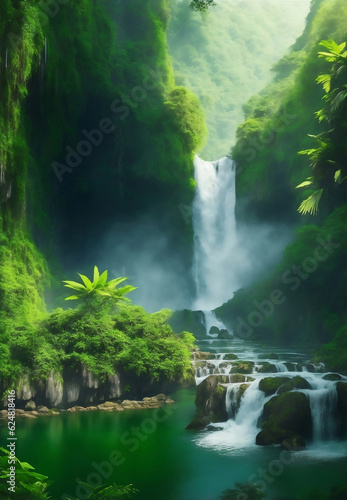 Beautiful forest with waterfall  Generative AI Illustration.