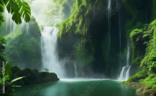 Beautiful forest with waterfall, Generative AI Illustration. © Creative_Bringer