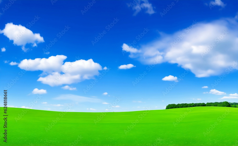 Green meadow and blue sky, Generative AI Illustration. Green meadow and blue sky, Generative AI Illustration.
