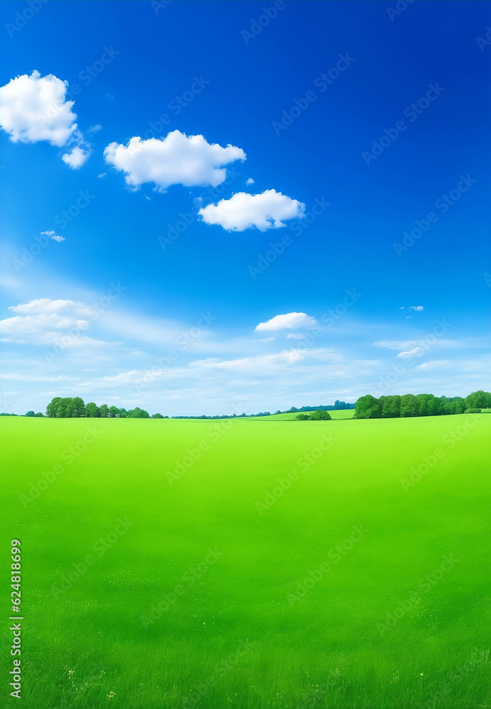 Green meadow and blue sky, Generative AI Illustration. Green meadow and blue sky, Generative AI Illustration.
