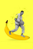 Composite collage image of excited funny happy man basketball player yellow banana fruit nutrition eating food healthy meal