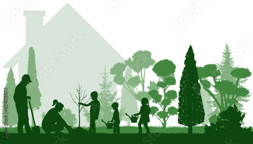 Green yard. Planting tree by famile in yard near house, silhouette. Landscaping of garden. Vector illustration
