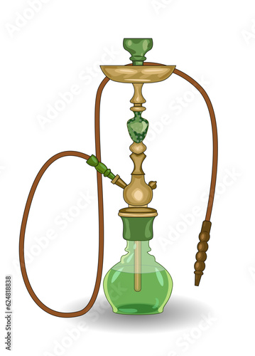 The hookah is gold with a green glass dome. Stylish detailed hookah, vector illustration on a white background. Tobacco smoking, smoke inhalation, design for bar or menu decoration.