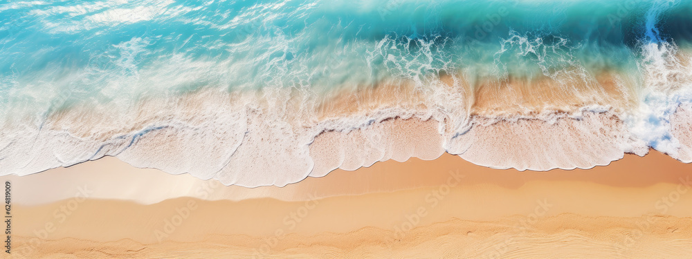 Abstract sand beach from above with light blue water wave and sun ...
