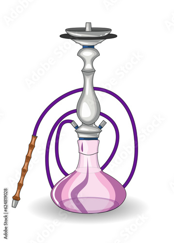 The hookah is Silver with a Pink glass dome. Stylish detailed hookah, vector illustration on a white background. Tobacco smoking, smoke inhalation, design for bar or menu decoration.