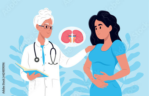 A nephrologist talks to a patient about kidney disease. African-American nephrologist, scientist researches glomerulonephritis, pyelonephritis, urolithiasis, polycystic kidney disease, kidney failure.