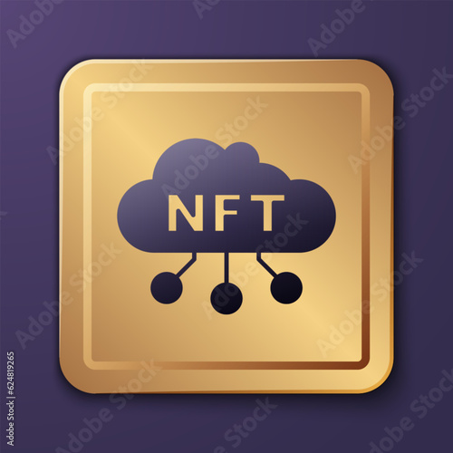 Purple NFT cloud icon isolated on purple background. Non fungible token. Digital crypto art concept. Gold square button. Vector