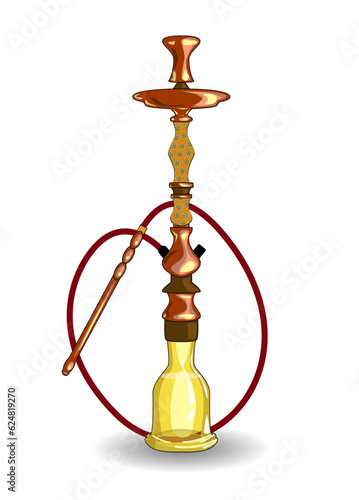 The hookah is bronze with a yellow glass dome. Stylish detailed hookah, vector illustration on a white background. Tobacco smoking, smoke inhalation, design for bar or menu decoration.